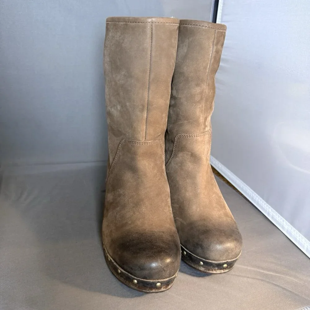 UGG Fold Over Size 6 Brown Leather Sheepskin Cuff LYNNEA Ankle Calf Boots Shoes - Picture 7 of 7